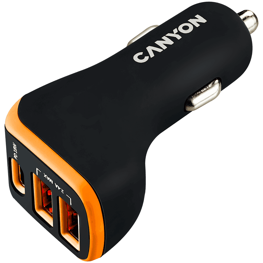 CANYON C-08, Universal 3xUSB car adapter, Input 12V-24V, Output DC USB-A 5V/2.4A(Max) + Type-C PD 18W, with Smart IC, +Orange with rubber coating, 71*39*26.2mm, 0.028kg