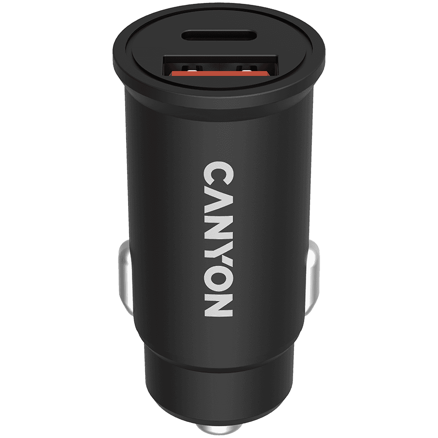 CANYON C-20B03, PD 30W/QC3.0 18W Pocket size car charger with 1-USB A+ 1-USB-C Input: DC12V-24V, Output: USBC: PD30W( 5V3A/9V3A/12V2.5A/15V2A/20V1.5A),USB-A:QC3.0 18W (5V3A