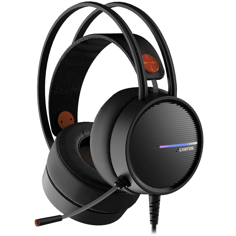 CANYON INTERCEPTOR GH-8A, Gaming headset 3.5mm jack plus USB connector for LED backlight, adjustable microphone and volume control, with 2in1 3.5mm adapter, cable 2M, and Orange, 0.36kg