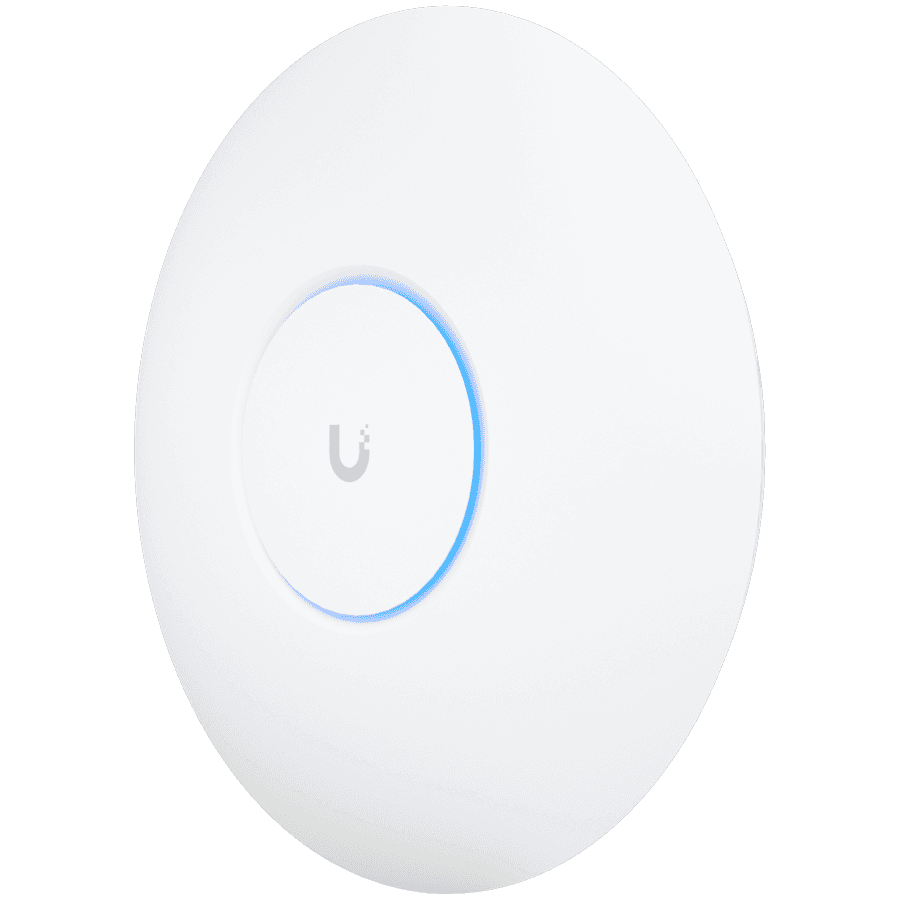 UBIQUITI U6 Pro; WiFi 6; 6 spatial streams; 140 m² (1,500 ft²) coverage; 350+ connected devices; Powered using PoE; GbE uplink.