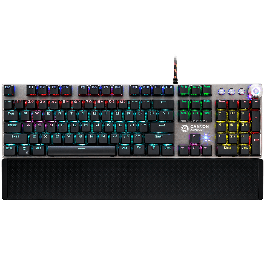 CANYON Nightfall GK-7, Wired Gaming Keyboard, 104 mechanical switches,60 million times key life, 22 types of lights,Removable magnetic wrist rest,4 Multifunctional control knob,Trigger actuation 1.5mm,1.6m Braided cable,US layout,dark grey, size:435*125*37.47mm