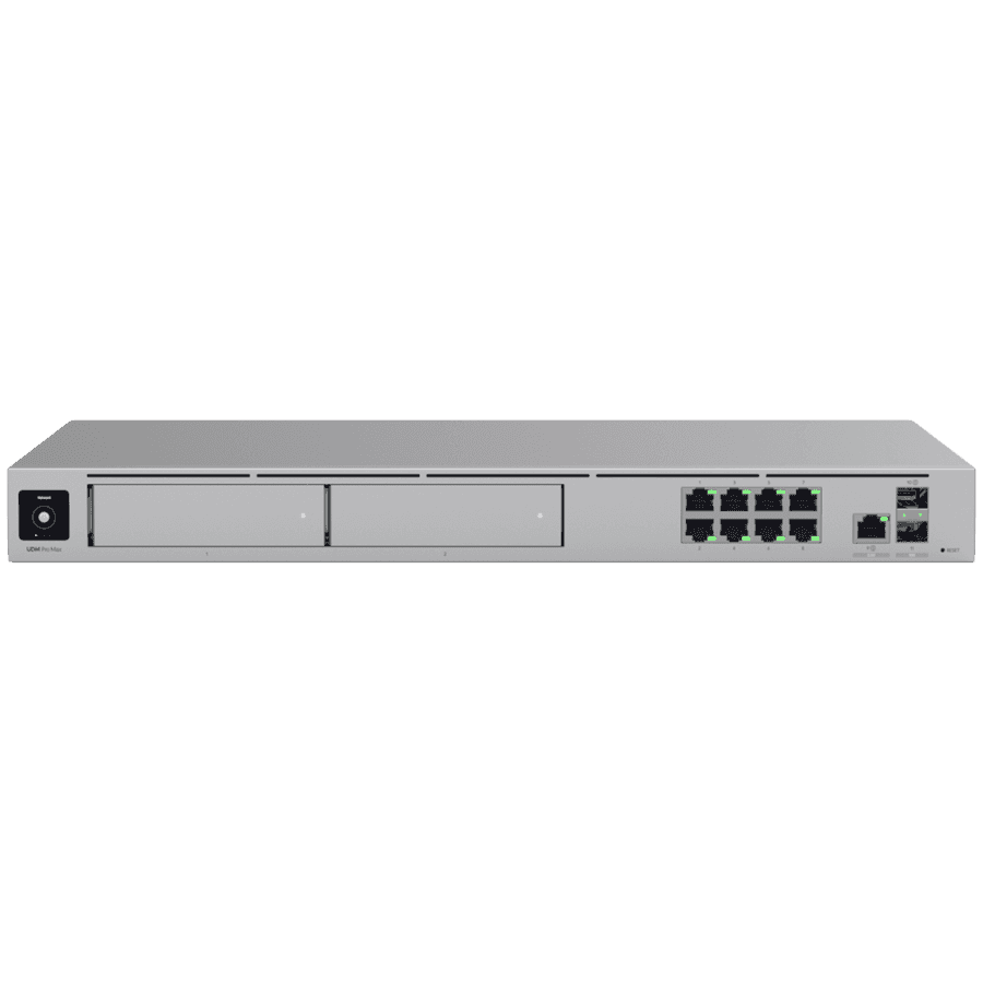 Ubiquiti rack-mount Cloud Gateway with 10 Gbps performance, multi-WAN load balancing, and two NVR drive bays designed for large-scale, multi-application UniFi sites.