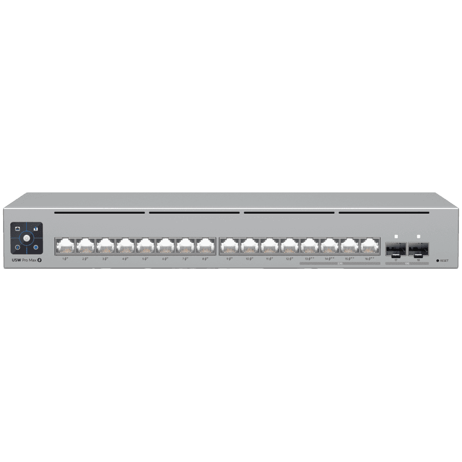 Ubiquiti 16-port, Layer 3 Etherlighting switch with 2.5 GbE, PoE++ output, and versatile mounting options, 4x 2.5 GbE PoE++ ports, 12x GbE PoE+ ports, 2x 10G SFP+ ports, 180W total PoE availability