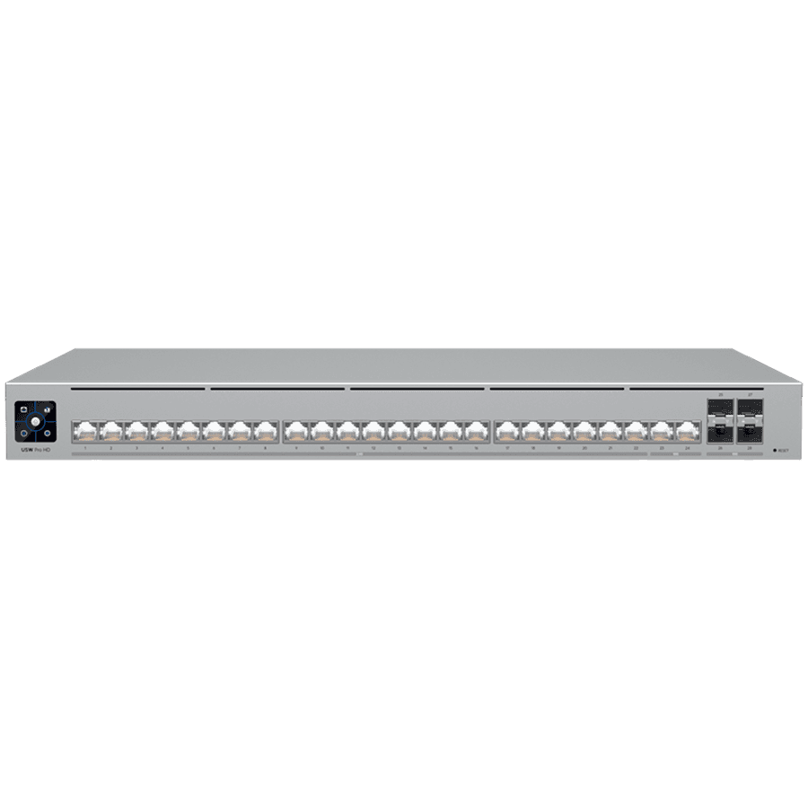 Ubiquiti Layer 3 Etherlighting switch USW-PRO-HD-24-EU, (22) 2.5 GbE, (2) 10 GbE ports, (4) 10G SFP+ ports. DC power backup ready
