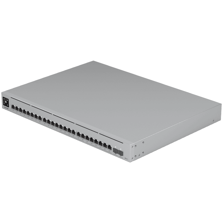UBIQUITI Enterprise 24 PoE; (12) 2.5 GbE, (12) GbE; all PoE+ ports; (2) 10G SFP+ ports; 400W total PoE availability; DC power backup-ready; Layer 3 switching.