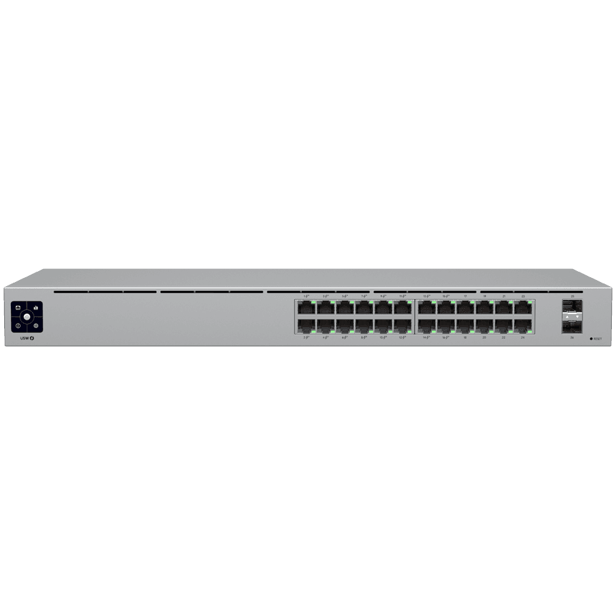 Ubiquiti USW-24-POE Gigabit Layer 2 switch with twenty-four Gigabit Ethernet ports including sixteen auto-sensing 802.3at PoE+ ports, and two SFP ports