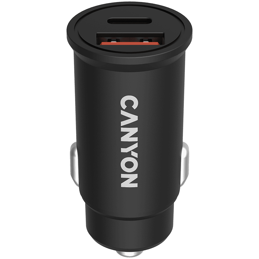 CANYON C-20B03, PD 30W/QC3.0 18W Pocket size car charger with 1-USB A+ 1-USB-C Input: DC12V-24V, Output: USBC: PD30W( 5V3A/9V3A/12V2.5A/15V2A/20V1.5A),USB-A:QC3.0 18W (5V3A