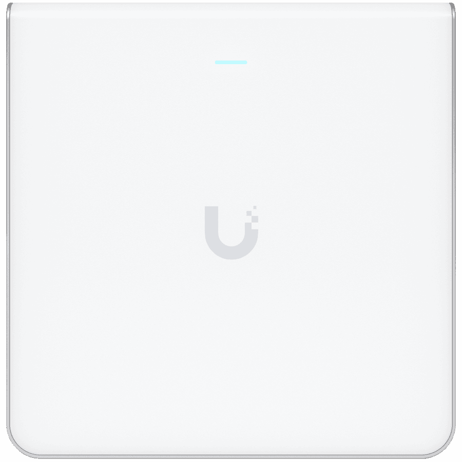 UBIQUITI U6 Enterprise In-Wall, 10 spatial streams, 115 m² (1,250 ft²) coverage, 600+ connected devices, Powered using PoE+/PoE++, (4) GbE ports with (1) PoE output, 2.5 GbE uplink.