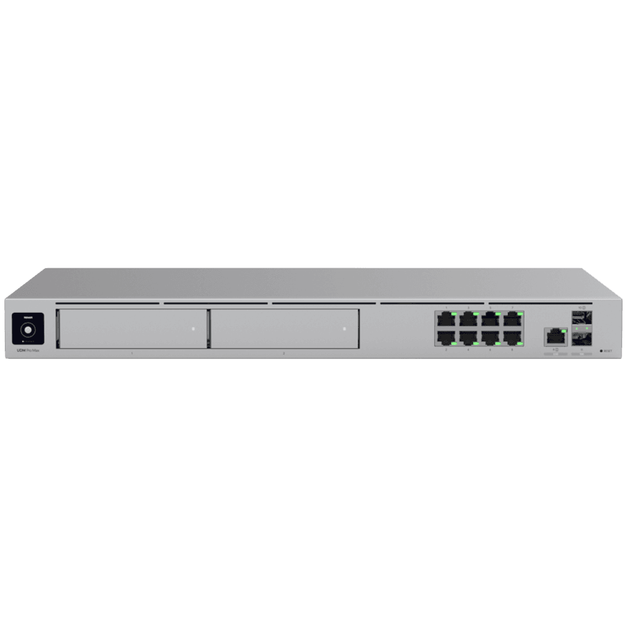 Ubiquiti rack-mount Cloud Gateway with 10 Gbps performance, multi-WAN load balancing, and two NVR drive bays designed for large-scale, multi-application UniFi sites.