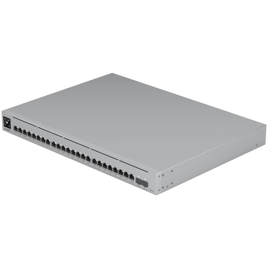 UBIQUITI Enterprise 24 PoE; (12) 2.5 GbE, (12) GbE; all PoE+ ports; (2) 10G SFP+ ports; 400W total PoE availability; DC power backup-ready; Layer 3 switching.