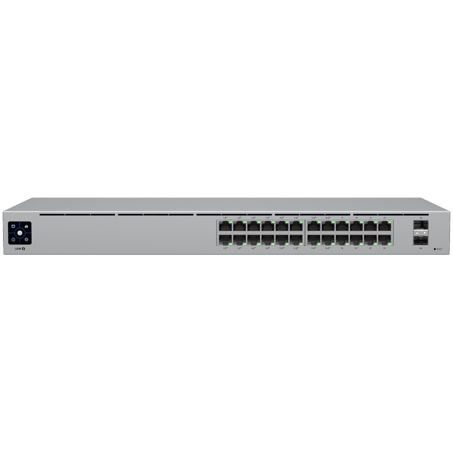 Ubiquiti USW-24-POE Gigabit Layer 2 switch with twenty-four Gigabit Ethernet ports including sixteen auto-sensing 802.3at PoE+ ports, and two SFP ports