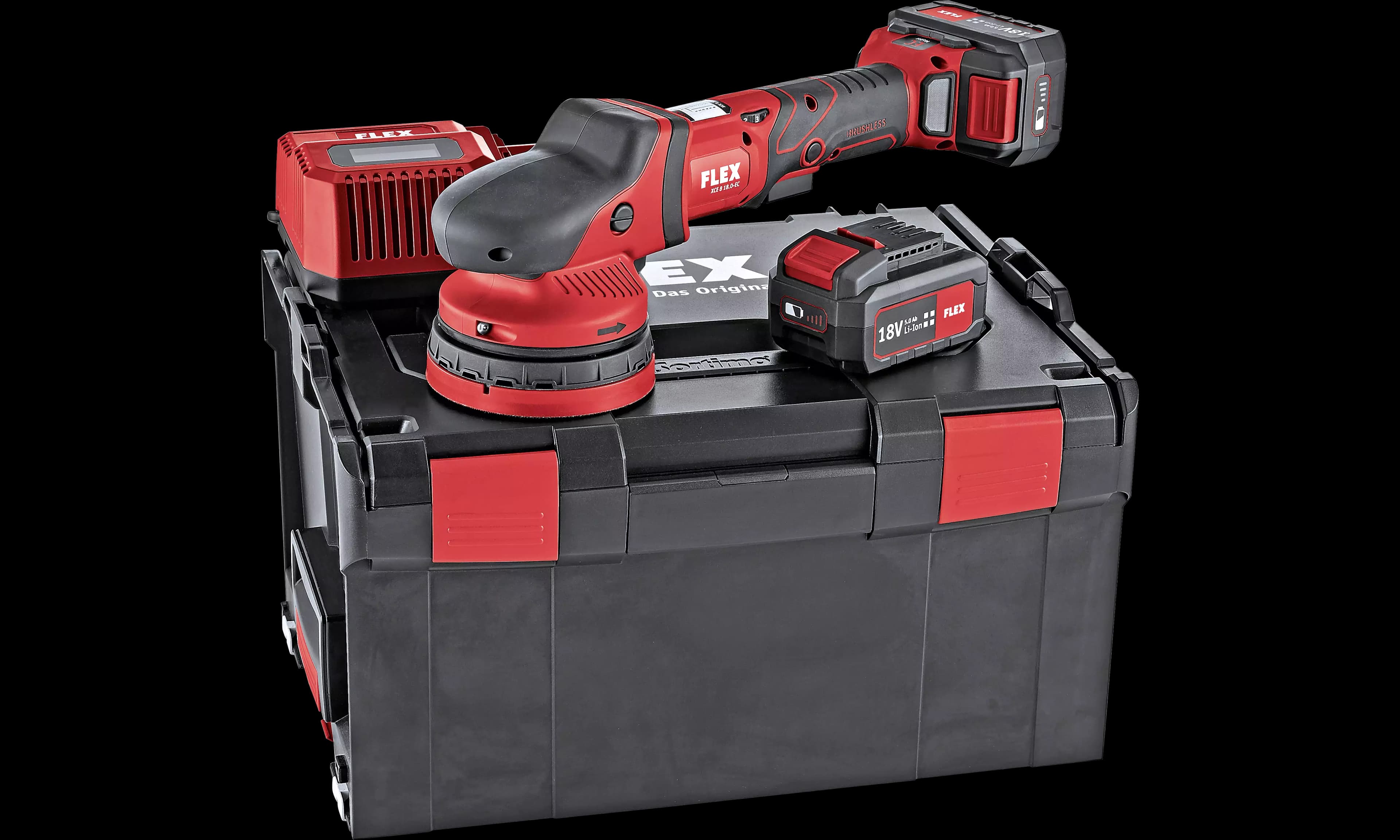 XCE 8 125 18.0-EC/5.0 Set 8mm Random Orbital Polisher with Positive-Action Drive, brushless, 2x 5.0Ah battery, i-charger, in L-BOXX
