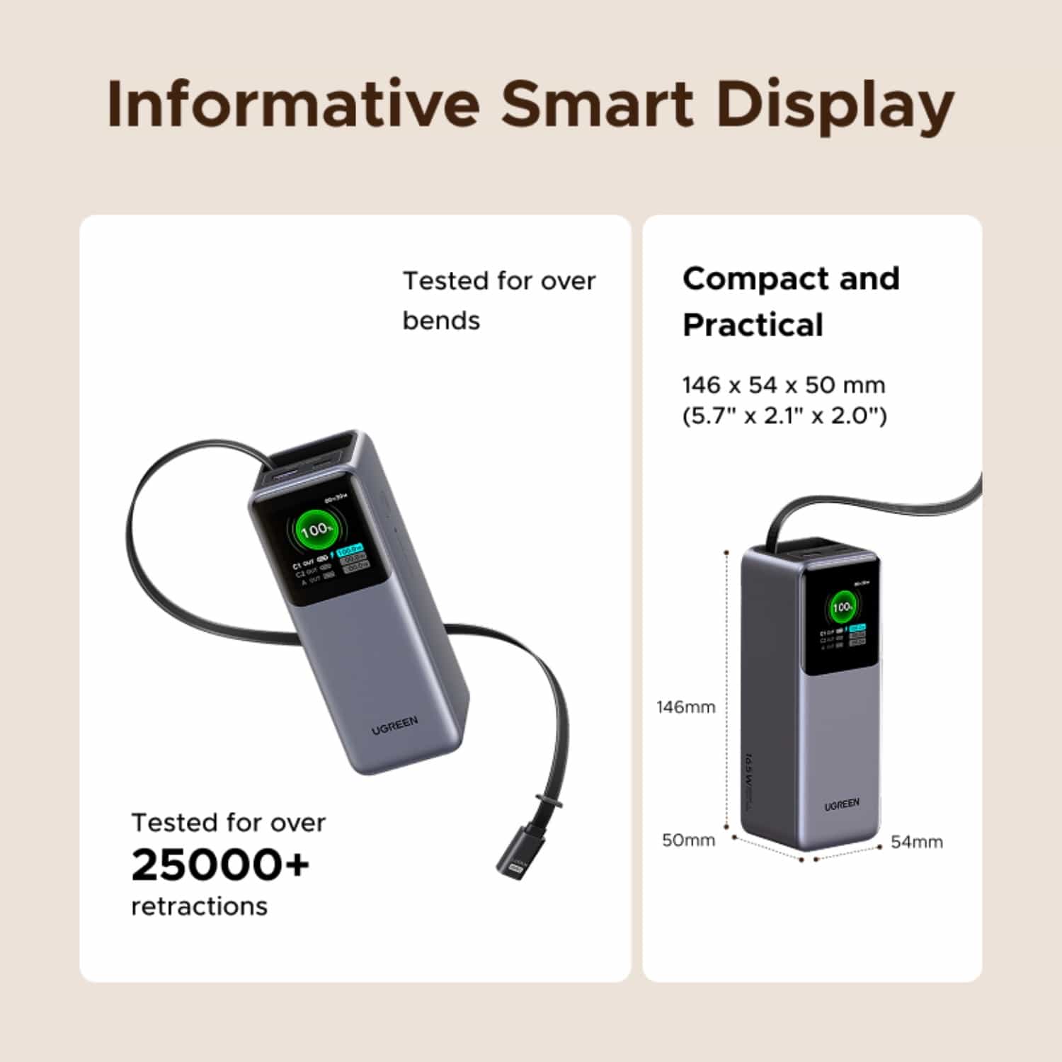 UGREEN Power Bank With Retractable Cable 165W - Grey