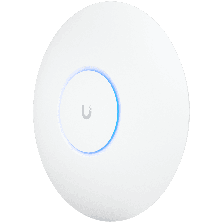 UBIQUITI U6 Pro; WiFi 6; 6 spatial streams; 140 m² (1,500 ft²) coverage; 350+ connected devices; Powered using PoE; GbE uplink.