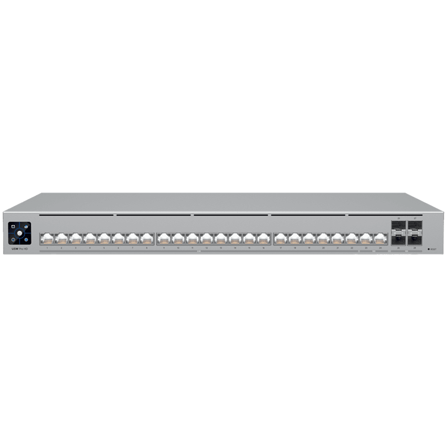 Ubiquiti Layer 3 Etherlighting switch USW-PRO-HD-24-EU, (22) 2.5 GbE, (2) 10 GbE ports, (4) 10G SFP+ ports. DC power backup ready