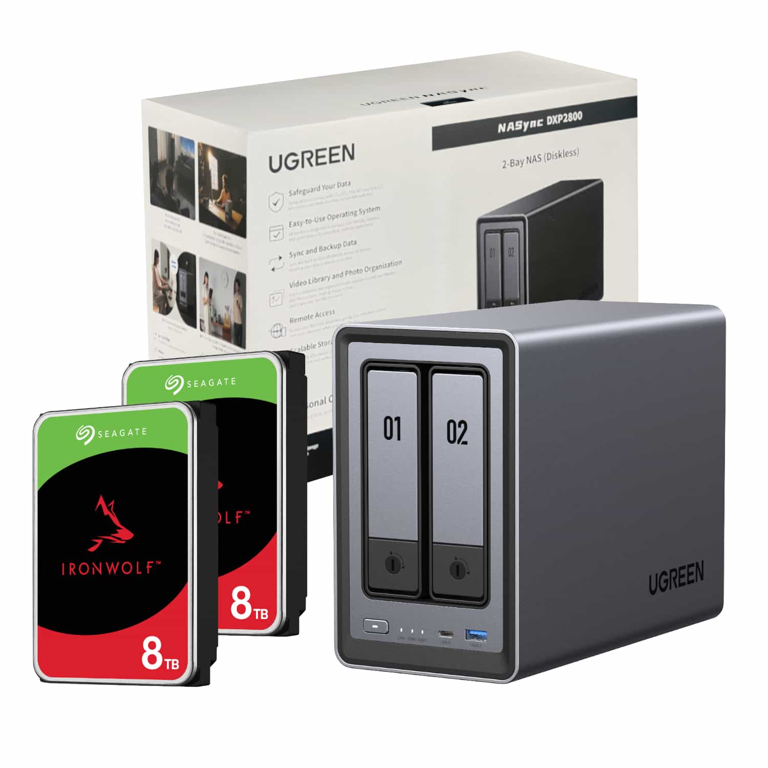 UGreen NASync DXP2800 2 Bay NAS with Seagate Ironwolf NAS 16TB SATA Hard Drive Bundle (2x 8TB)
