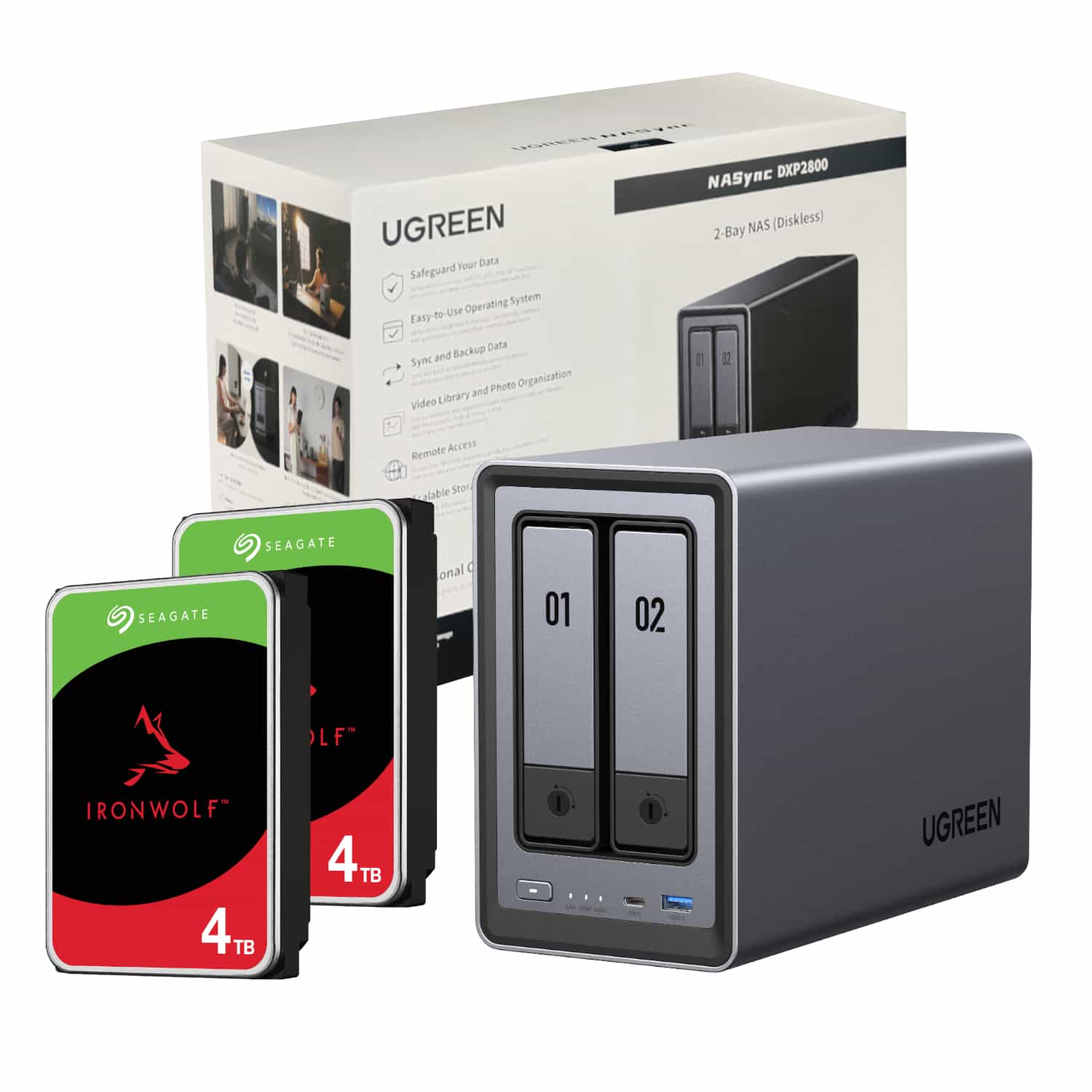 UGreen NASync DXP2800 2 Bay NAS with Seagate Ironwolf NAS 8TB SATA Hard Drive Bundle (2x 4TB)