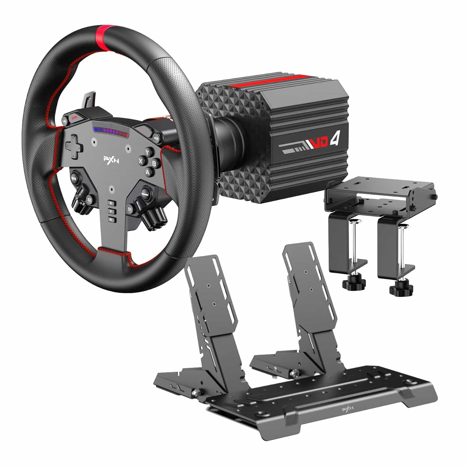 PXN VD4 Direct Drive Sim Racing Wheel – PD-HM Dual Pedal – Z8 Clamp Bundle